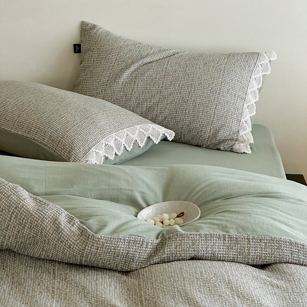 91家纺网 家纺一手货源 找家纺 月夏 2025新款全棉色织华夫格四件套 绿色