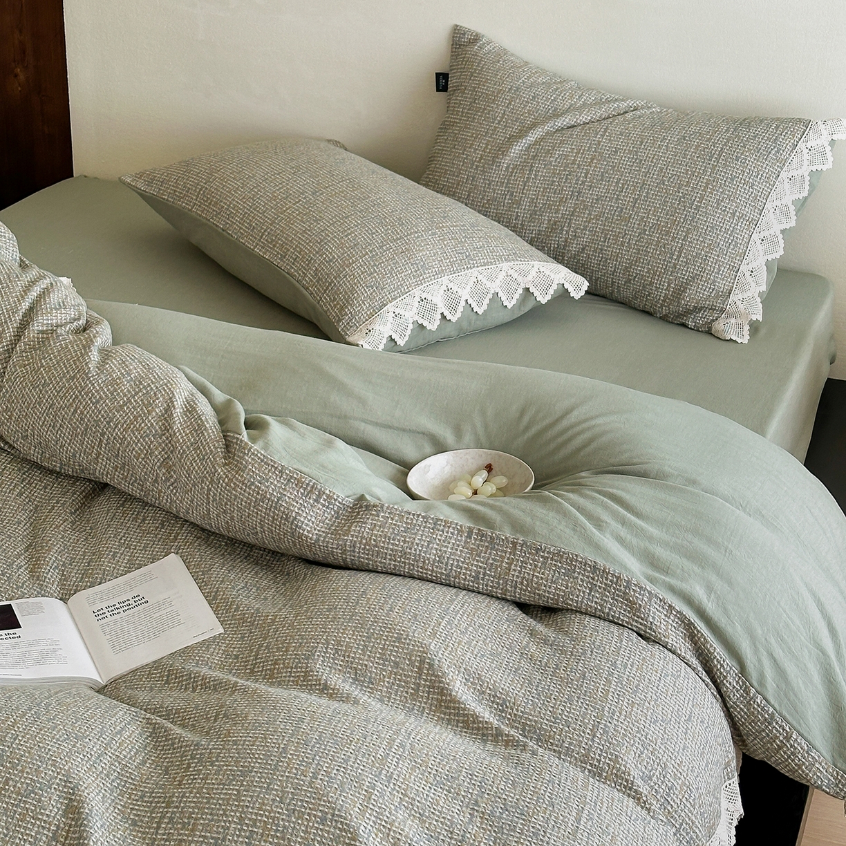 91家纺网 家纺一手货源 找家纺 月夏 2025新款全棉色织华夫格四件套 绿色