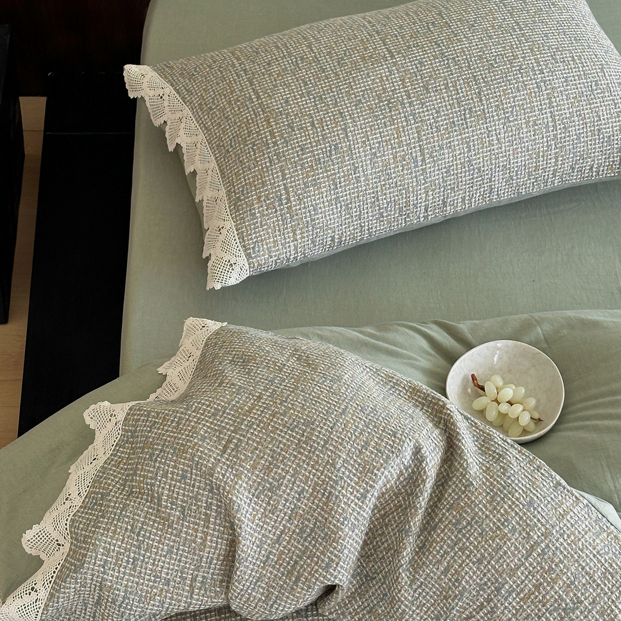 91家纺网 家纺一手货源 找家纺 月夏 2025新款全棉色织华夫格四件套 绿色