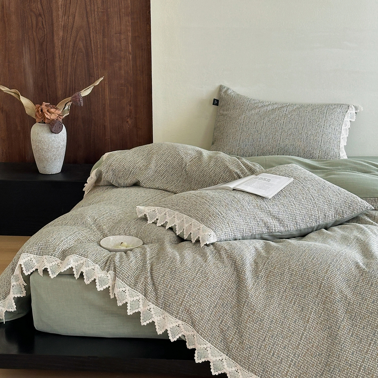 91家纺网 家纺一手货源 找家纺 月夏 2025新款全棉色织华夫格四件套 绿色