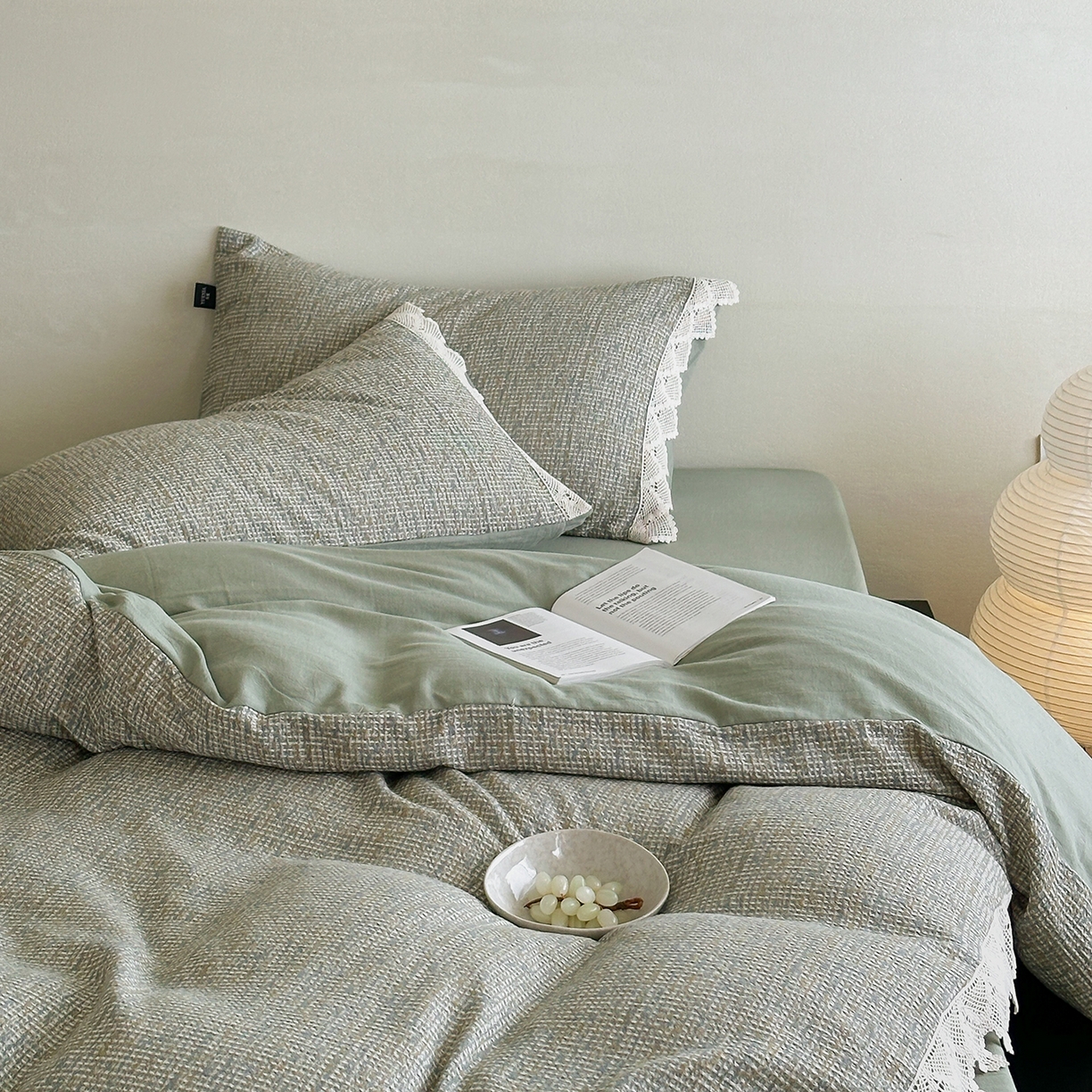 91家纺网 家纺一手货源 找家纺 月夏 2025新款全棉色织华夫格四件套 绿色