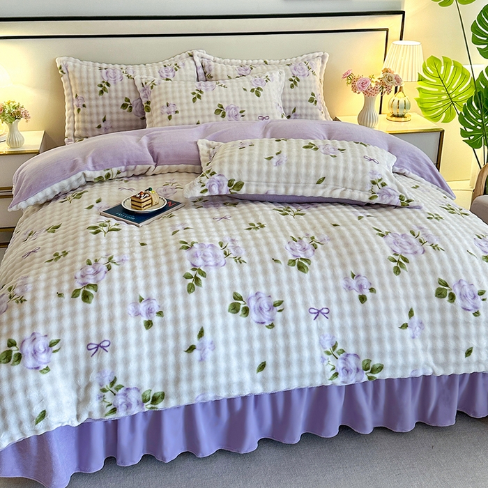 91家纺网 家纺一手货源 找家纺 富缦庭 2025新款泡泡牛奶绒床盖款四件套 紫色蝴蝶结