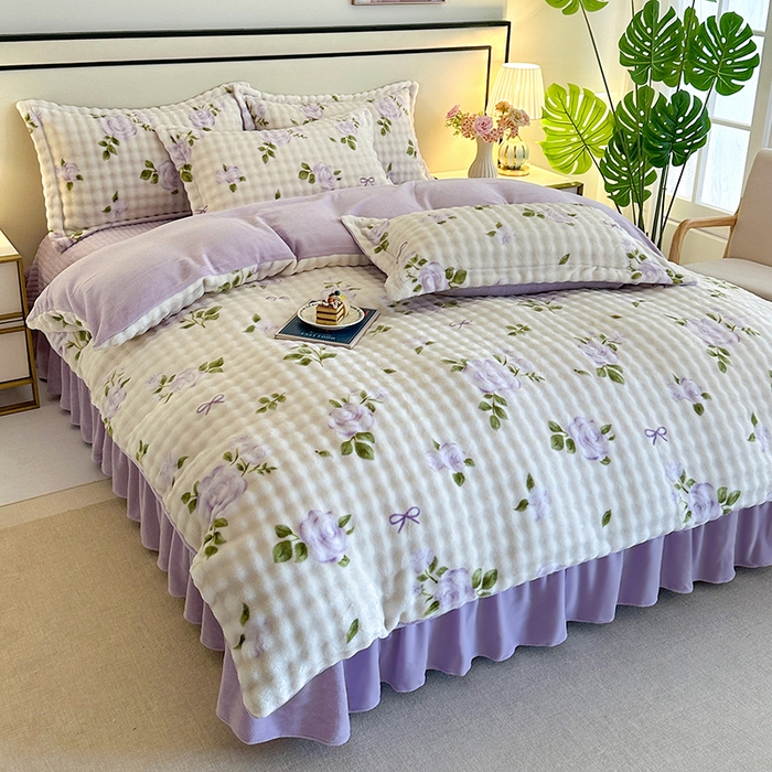 富缦庭 2025新款泡泡牛奶绒床盖款四件套 紫色蝴蝶结