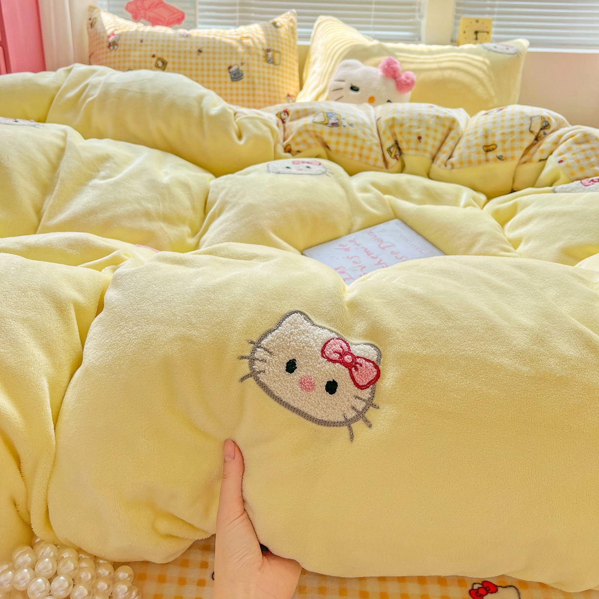 奈颜 2025新款甜小猫系列高克重牛奶绒毛巾绣四件套-提供买家秀 甜小猫-奶黄