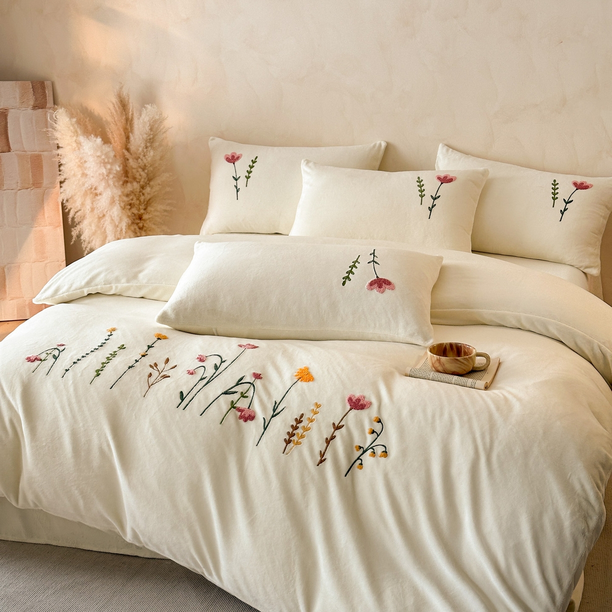 91家纺网 家纺一手货源 找家纺 羚羊语家纺 2025新款【正宗全消光】230克牛奶绒田园风四件套毛巾绣刺绣花秋冬加厚法莱绒法兰绒珊瑚绒三件套 如梦令-米白