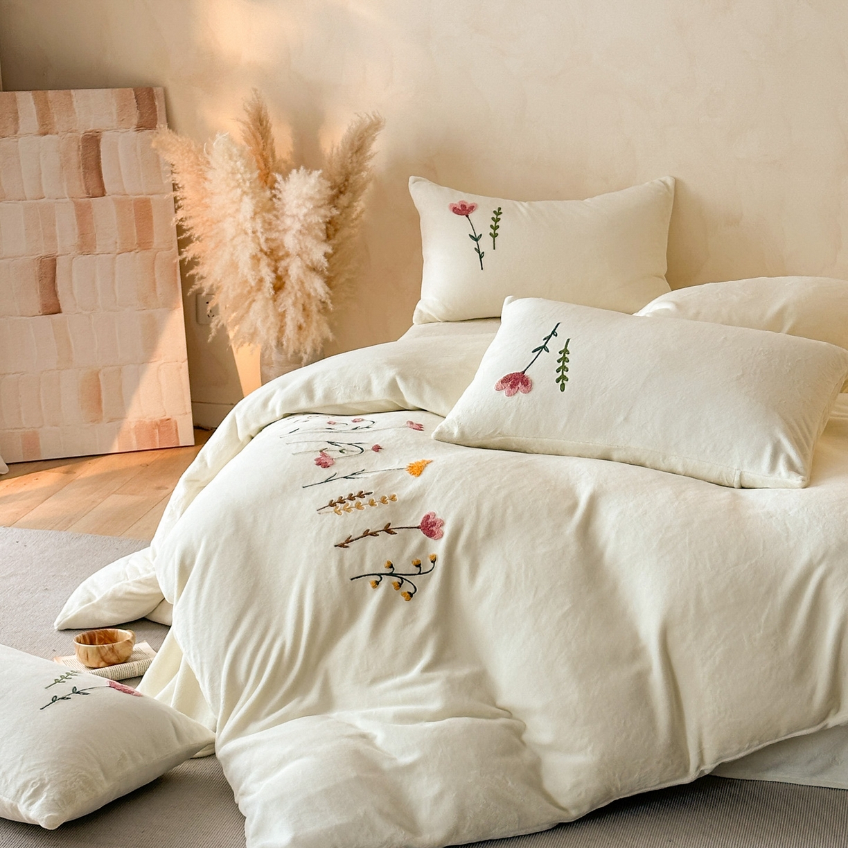 91家纺网 家纺一手货源 找家纺 羚羊语家纺 2025新款【正宗全消光】230克牛奶绒田园风四件套毛巾绣刺绣花秋冬加厚法莱绒法兰绒珊瑚绒三件套 如梦令-米白