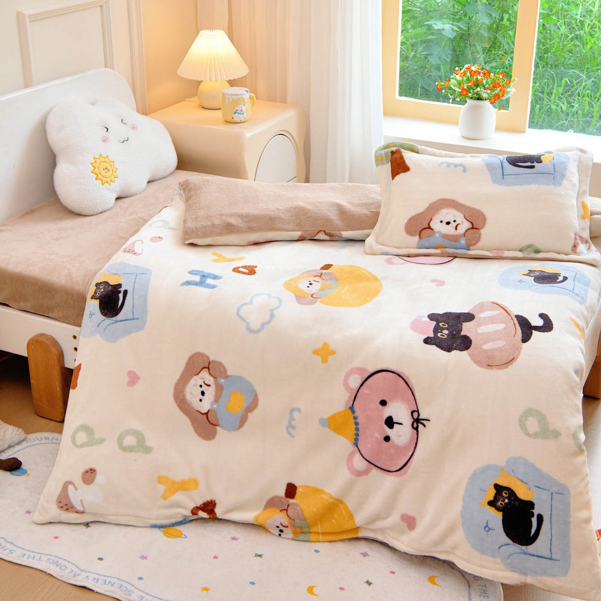 91家纺网 家纺一手货源 找家纺 梵赫 2025新款加厚牛奶绒三件套儿童套件幼儿园三件套系列 快乐小熊