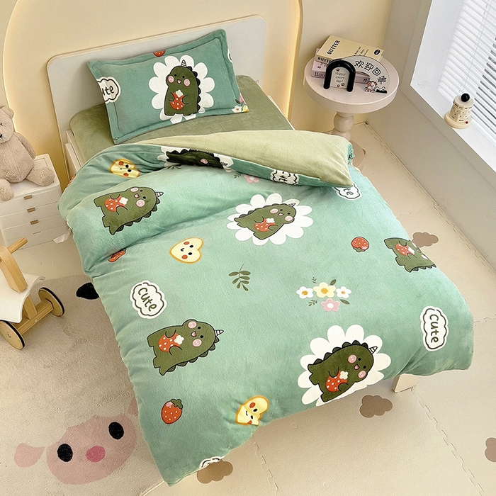 91家纺网 家纺一手货源 找家纺 梵赫 2025新款加厚牛奶绒三件套儿童套件幼儿园三件套系列 睡梦龙