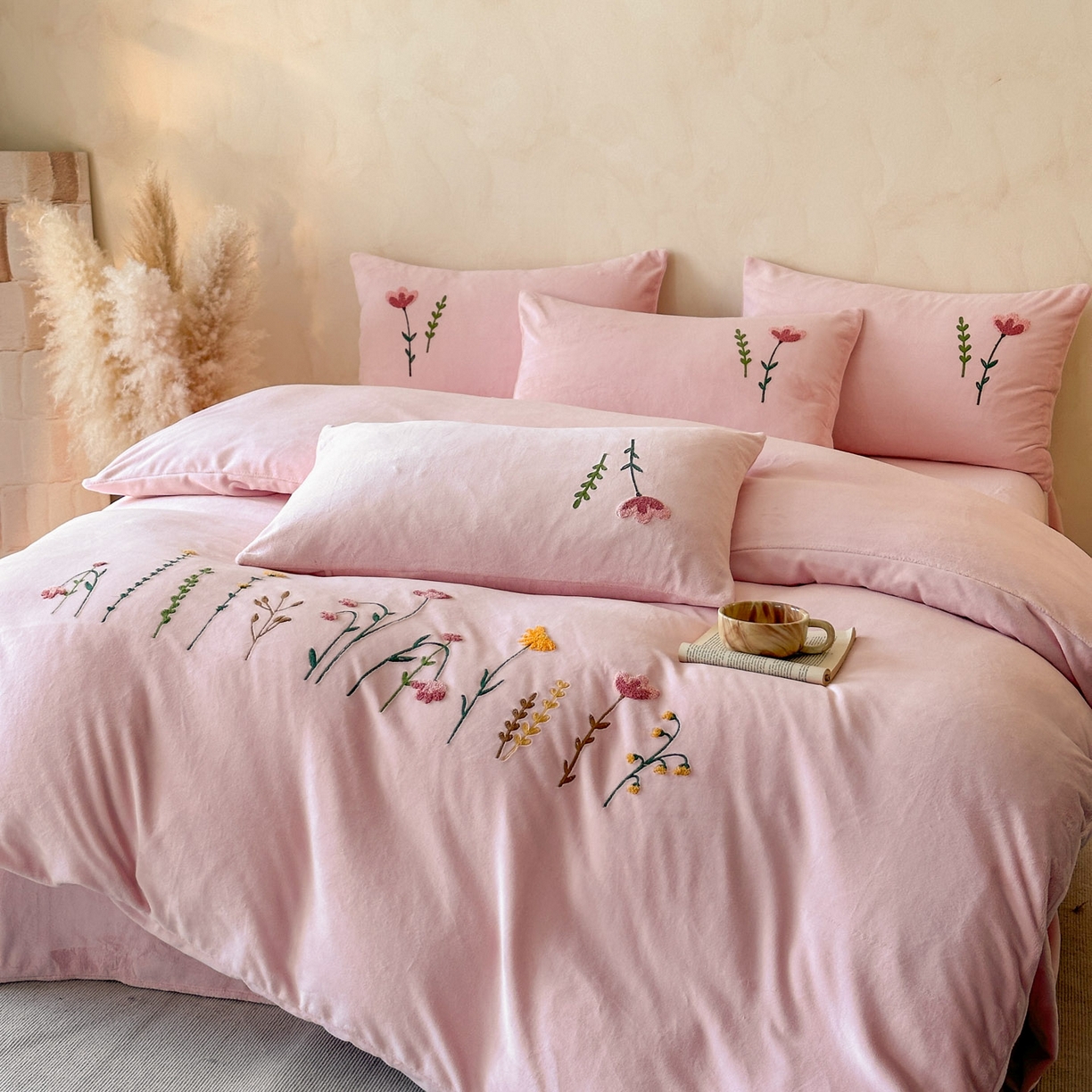 91家纺网 家纺一手货源 找家纺 羚羊语家纺 2025新款【正宗全消光】230克牛奶绒田园风四件套毛巾绣刺绣花秋冬加厚法莱绒法兰绒珊瑚绒三件套 如梦令-柔粉