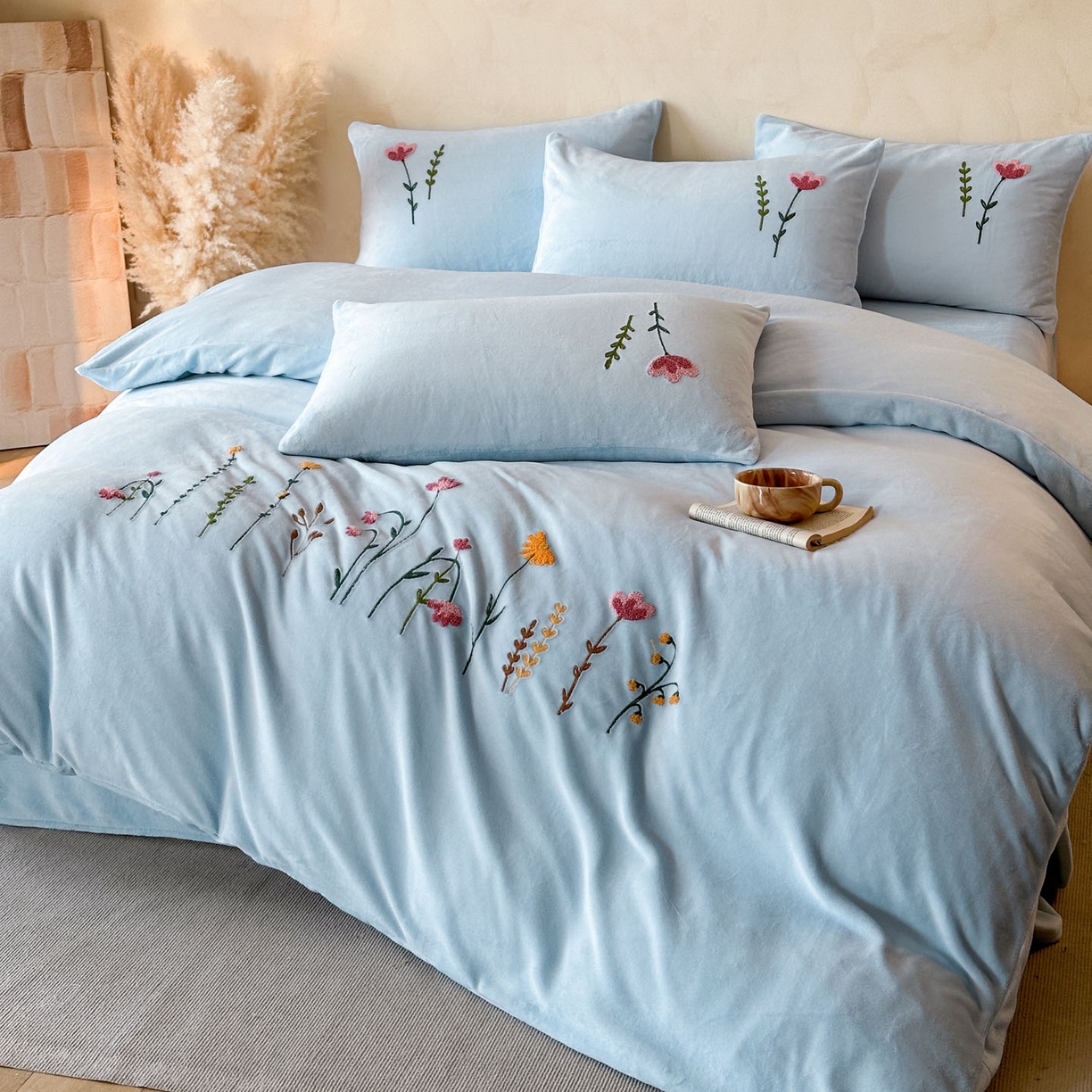 91家纺网 家纺一手货源 找家纺 羚羊语家纺 2025新款【正宗全消光】230克牛奶绒田园风四件套毛巾绣刺绣花秋冬加厚法莱绒法兰绒珊瑚绒三件套 如梦令-天蓝