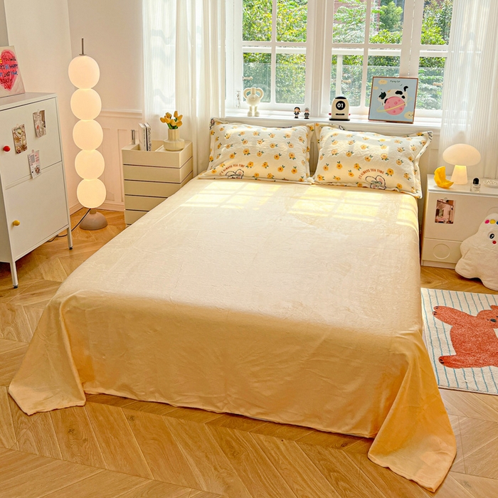 91家纺网 家纺一手货源 找家纺 韩巢家纺 2025新款高克重雪花绒牛奶绒四件套 田园兔（黄）