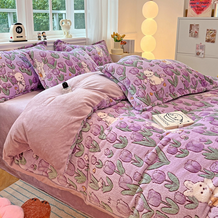 91家纺网 家纺一手货源 找家纺 韩巢家纺 2025新款高克重雪花绒牛奶绒四件套 丛林