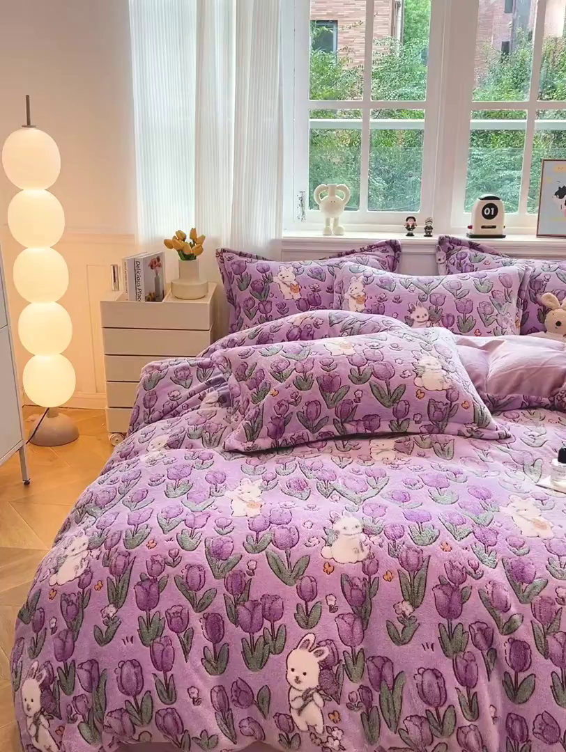 91家纺网 家纺一手货源 找家纺 韩巢家纺 2025新款高克重雪花绒牛奶绒四件套 丛林