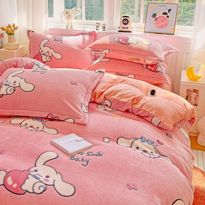 91家纺网 家纺一手货源 找家纺 韩巢家纺 2025新款高克重雪花绒牛奶绒四件套 大耳朵兔