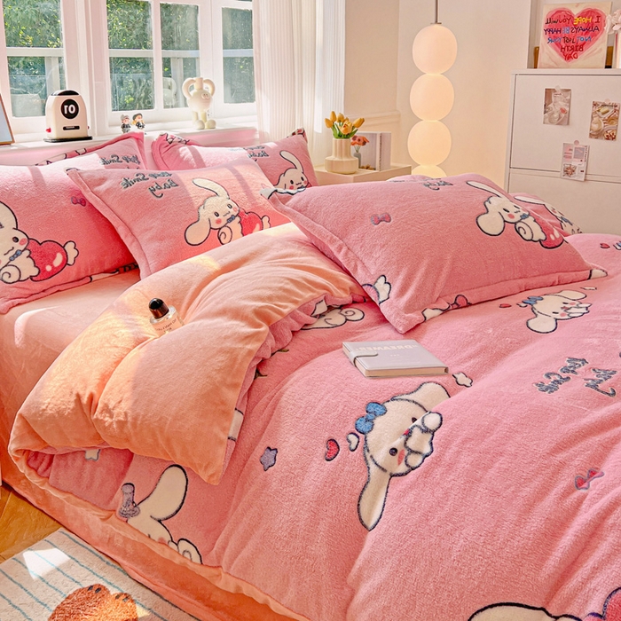 91家纺网 家纺一手货源 找家纺 韩巢家纺 2025新款高克重雪花绒牛奶绒四件套 大耳朵兔