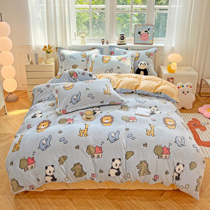 91家纺网 家纺一手货源 找家纺 韩巢家纺 2025新款高克重雪花绒牛奶绒四件套 动物世界