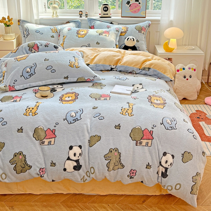 91家纺网 家纺一手货源 找家纺 韩巢家纺 2025新款高克重雪花绒牛奶绒四件套 动物世界