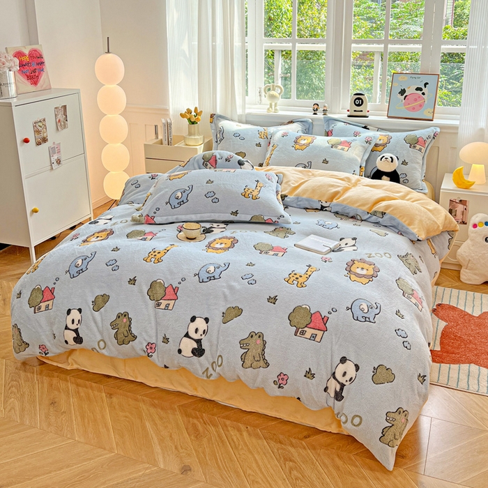 91家纺网 家纺一手货源 找家纺 韩巢家纺 2025新款高克重雪花绒牛奶绒四件套 动物世界