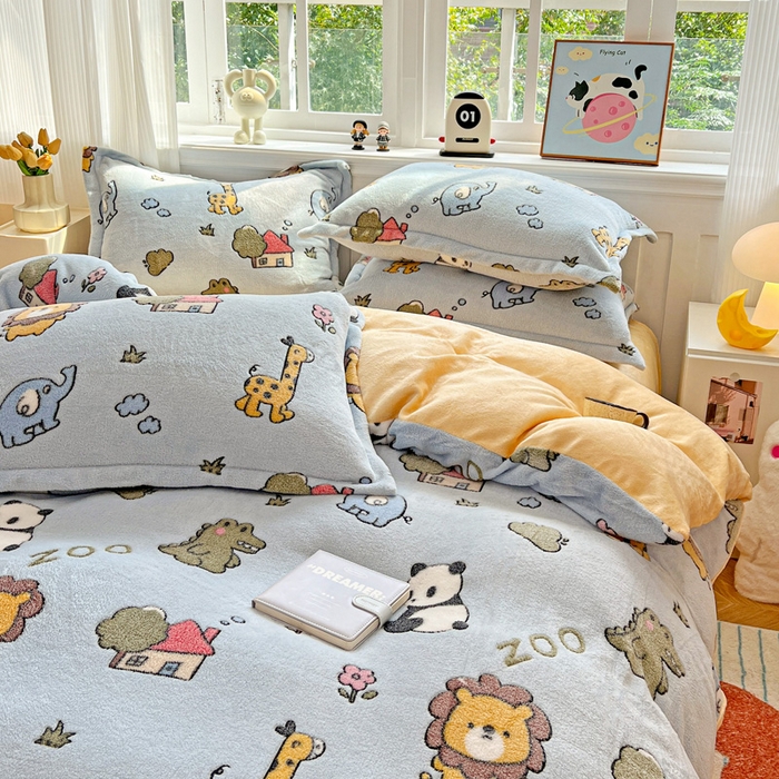 91家纺网 家纺一手货源 找家纺 韩巢家纺 2025新款高克重雪花绒牛奶绒四件套 动物世界