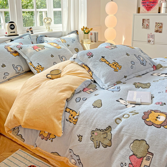 91家纺网 家纺一手货源 找家纺 韩巢家纺 2025新款高克重雪花绒牛奶绒四件套 动物世界