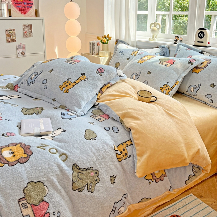 91家纺网 家纺一手货源 找家纺 韩巢家纺 2025新款高克重雪花绒牛奶绒四件套 动物世界