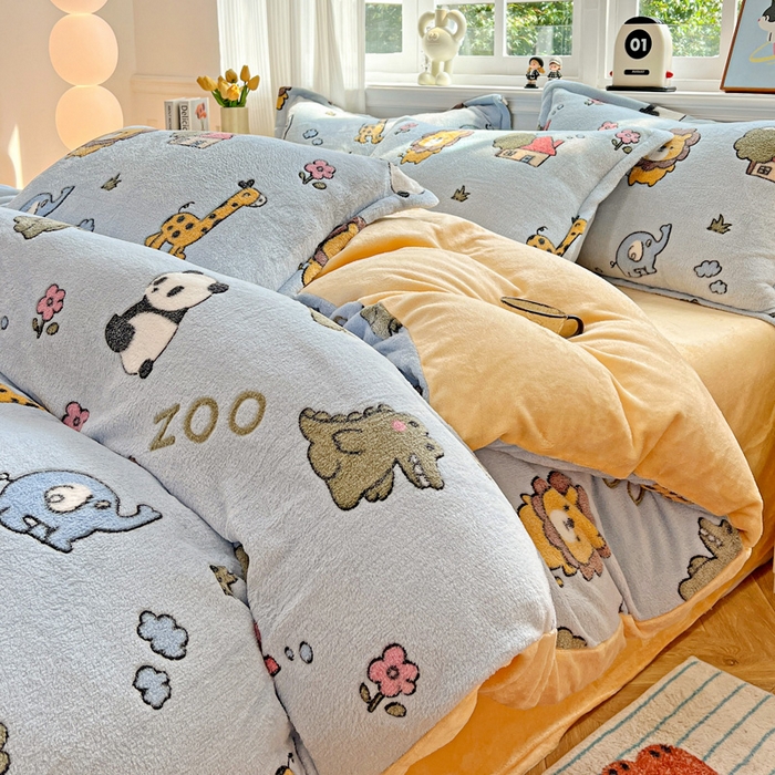 91家纺网 家纺一手货源 找家纺 韩巢家纺 2025新款高克重雪花绒牛奶绒四件套 动物世界