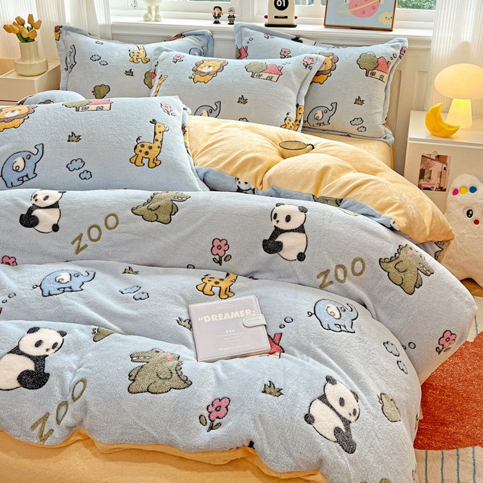 91家纺网 家纺一手货源 找家纺 韩巢家纺 2025新款高克重雪花绒牛奶绒四件套 动物世界