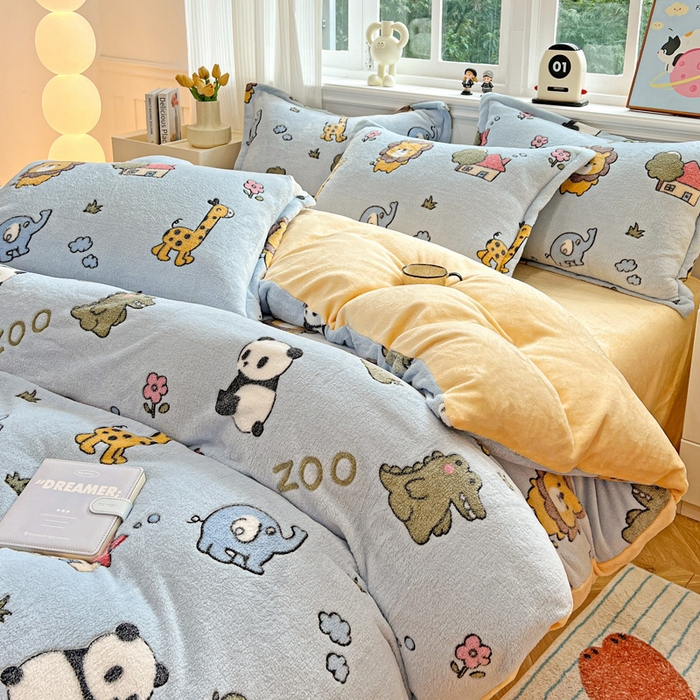 91家纺网 家纺一手货源 找家纺 韩巢家纺 2025新款高克重雪花绒牛奶绒四件套 动物世界