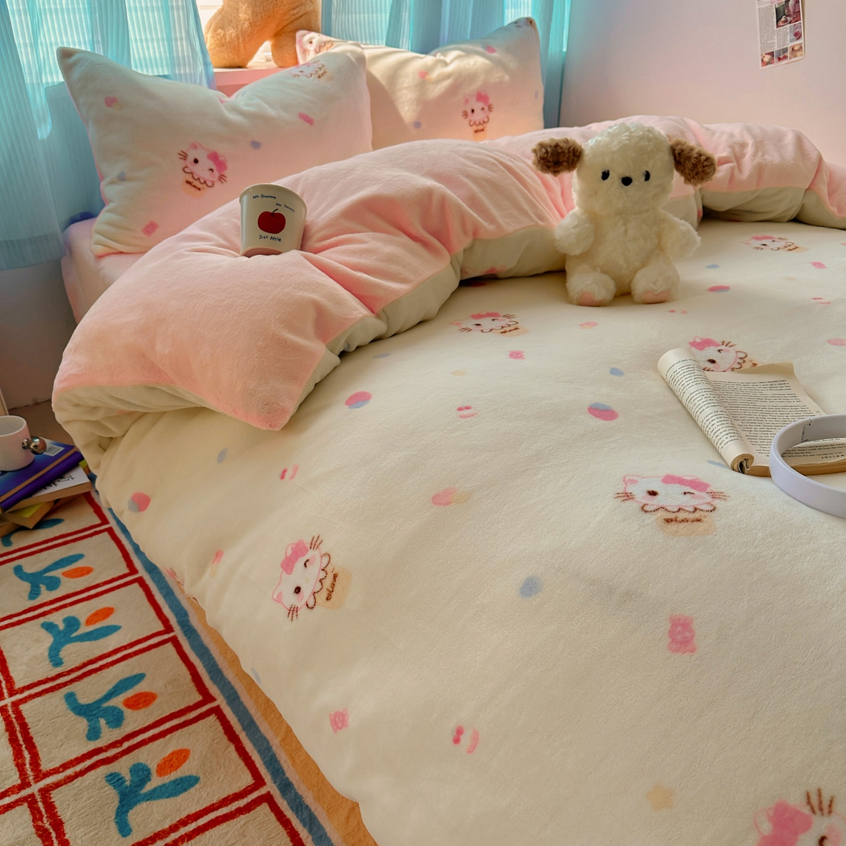 91家纺网 家纺一手货源 找家纺 繁花家居 2025新款小清新180克跑量款牛奶绒三件套四件套 冰淇淋奶猫