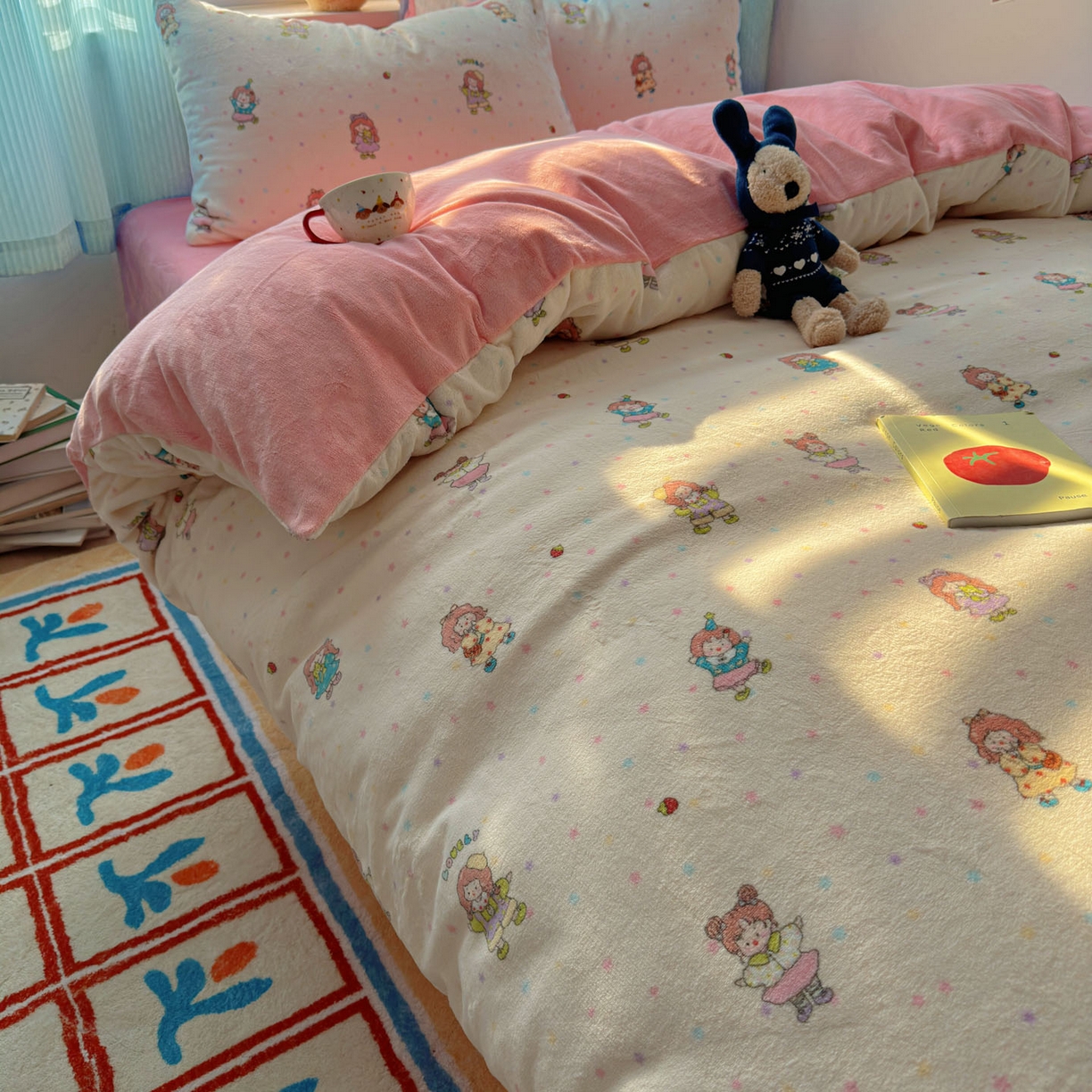 91家纺网 家纺一手货源 找家纺 繁花家居 2025新款小清新180克跑量款牛奶绒三件套四件套 彩色星梦