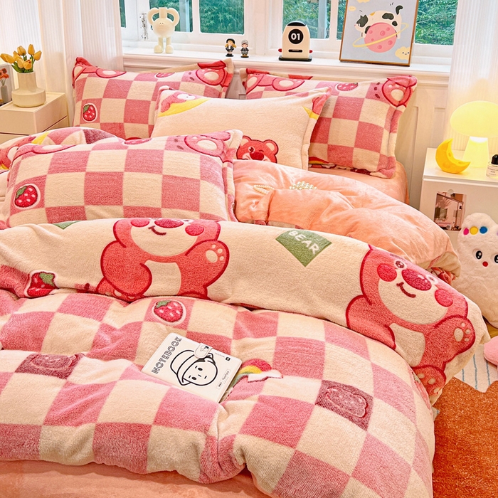 91家纺网 家纺一手货源 找家纺 韩巢家纺 2025新款高克重雪花绒牛奶绒四件套 欢乐小熊