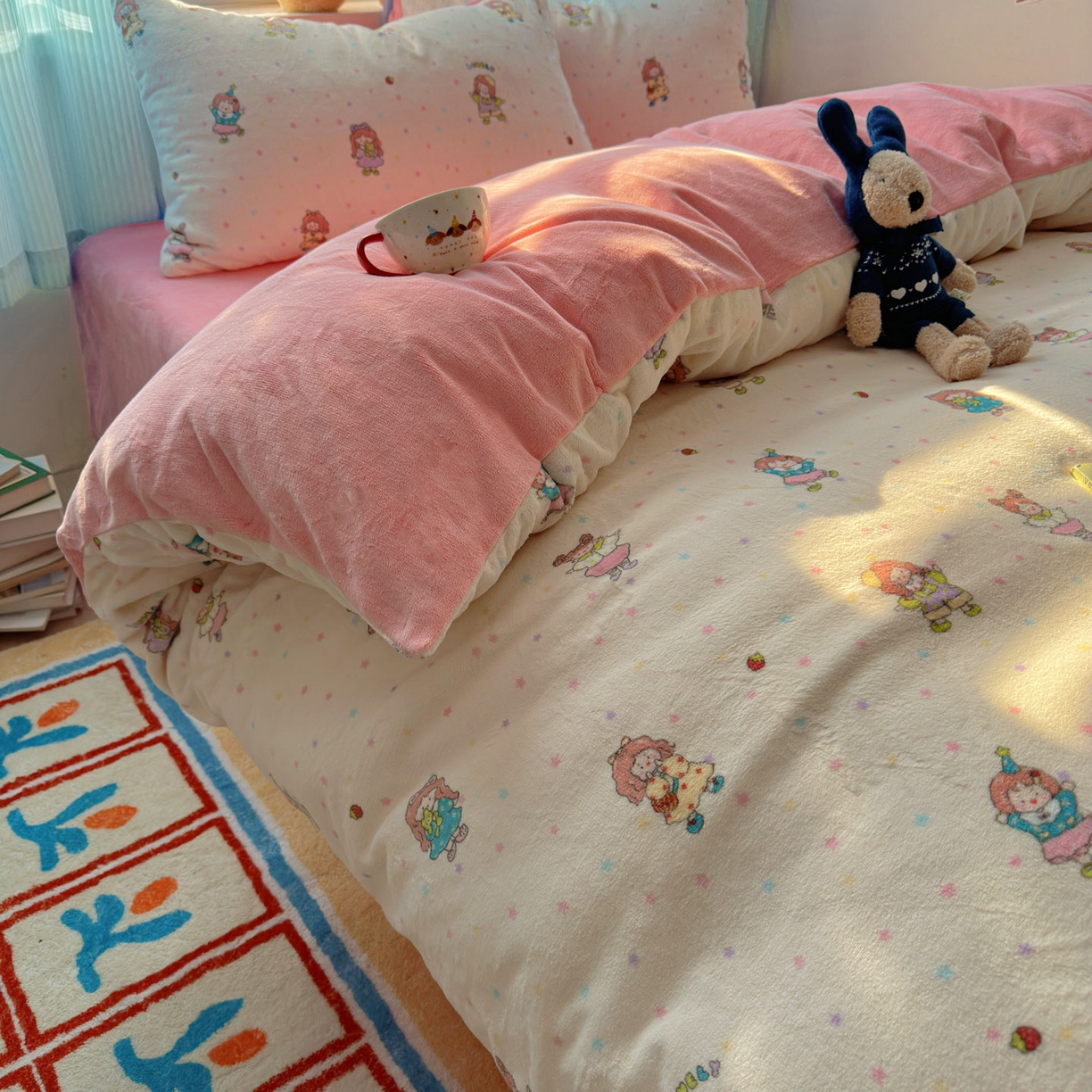 91家纺网 家纺一手货源 找家纺 繁花家居 2025新款小清新180克跑量款牛奶绒三件套四件套 彩色星梦