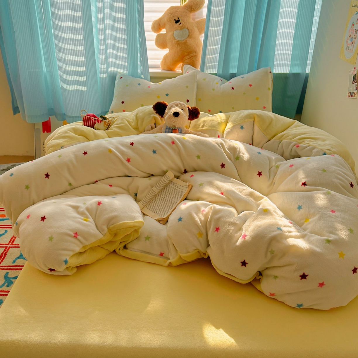 91家纺网 家纺一手货源 找家纺 繁花家居 2025新款小清新180克跑量款牛奶绒三件套四件套 彩色星星