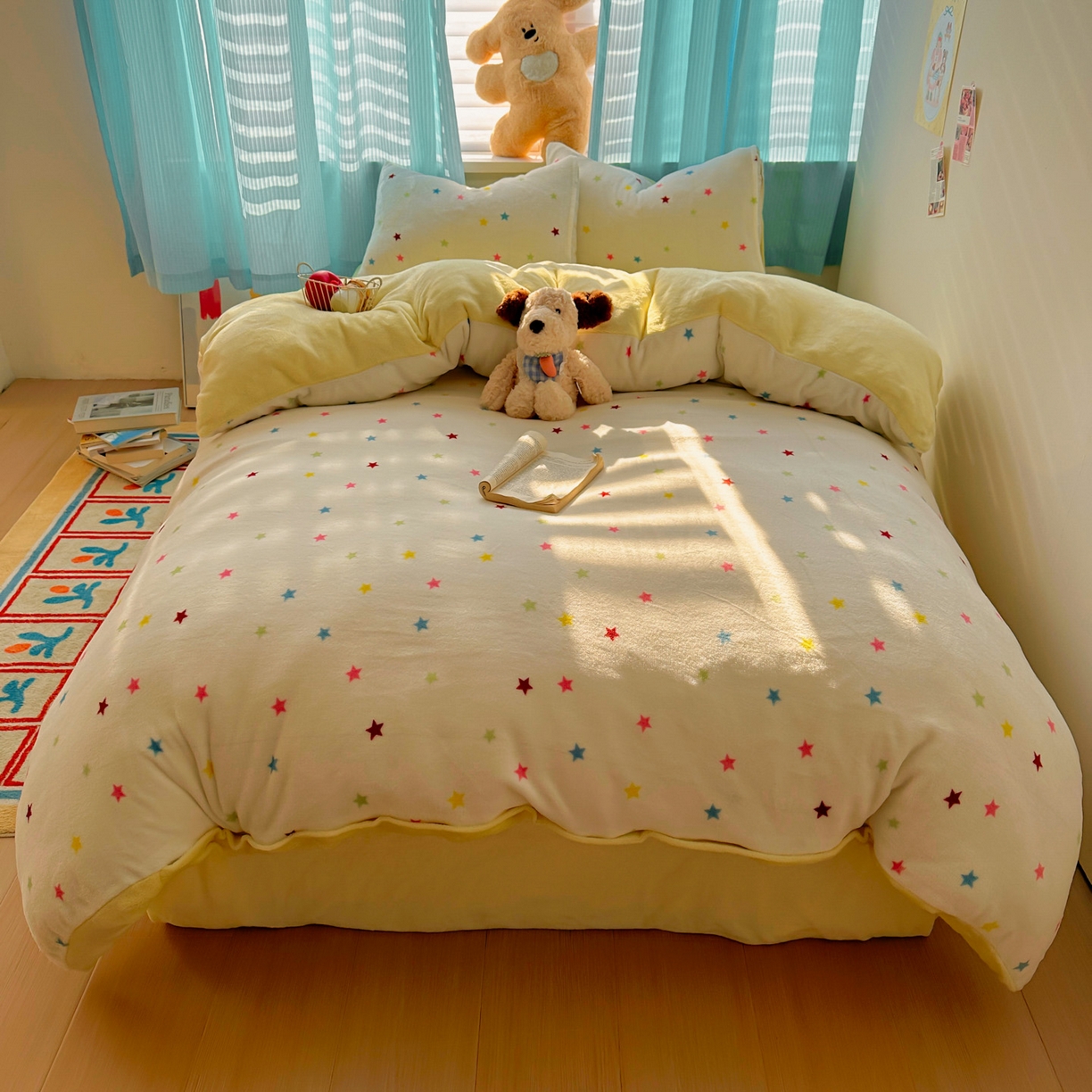 91家纺网 家纺一手货源 找家纺 繁花家居 2025新款小清新180克跑量款牛奶绒三件套四件套 彩色星星