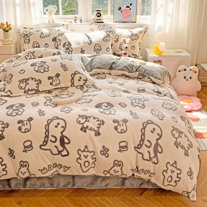 91家纺网 家纺一手货源 找家纺 韩巢家纺 2025新款高克重雪花绒牛奶绒四件套 灰色轨迹