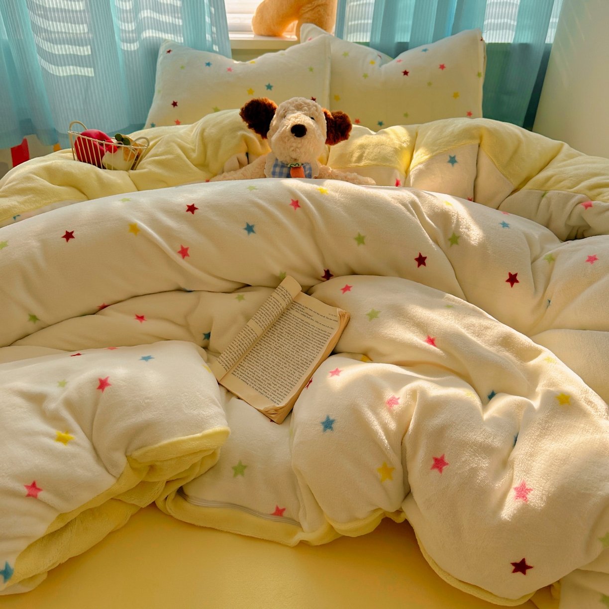 91家纺网 家纺一手货源 找家纺 繁花家居 2025新款小清新180克跑量款牛奶绒三件套四件套 彩色星星