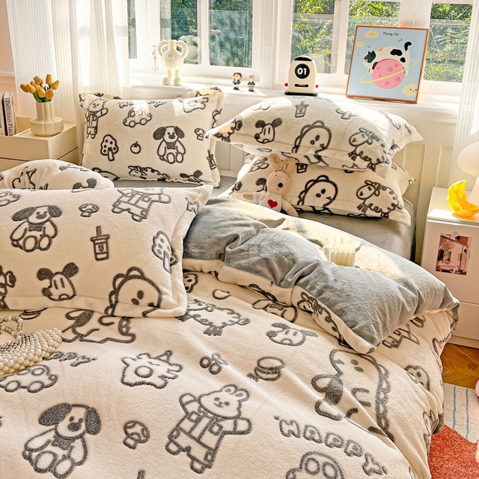 91家纺网 家纺一手货源 找家纺 韩巢家纺 2025新款高克重雪花绒牛奶绒四件套 灰色轨迹