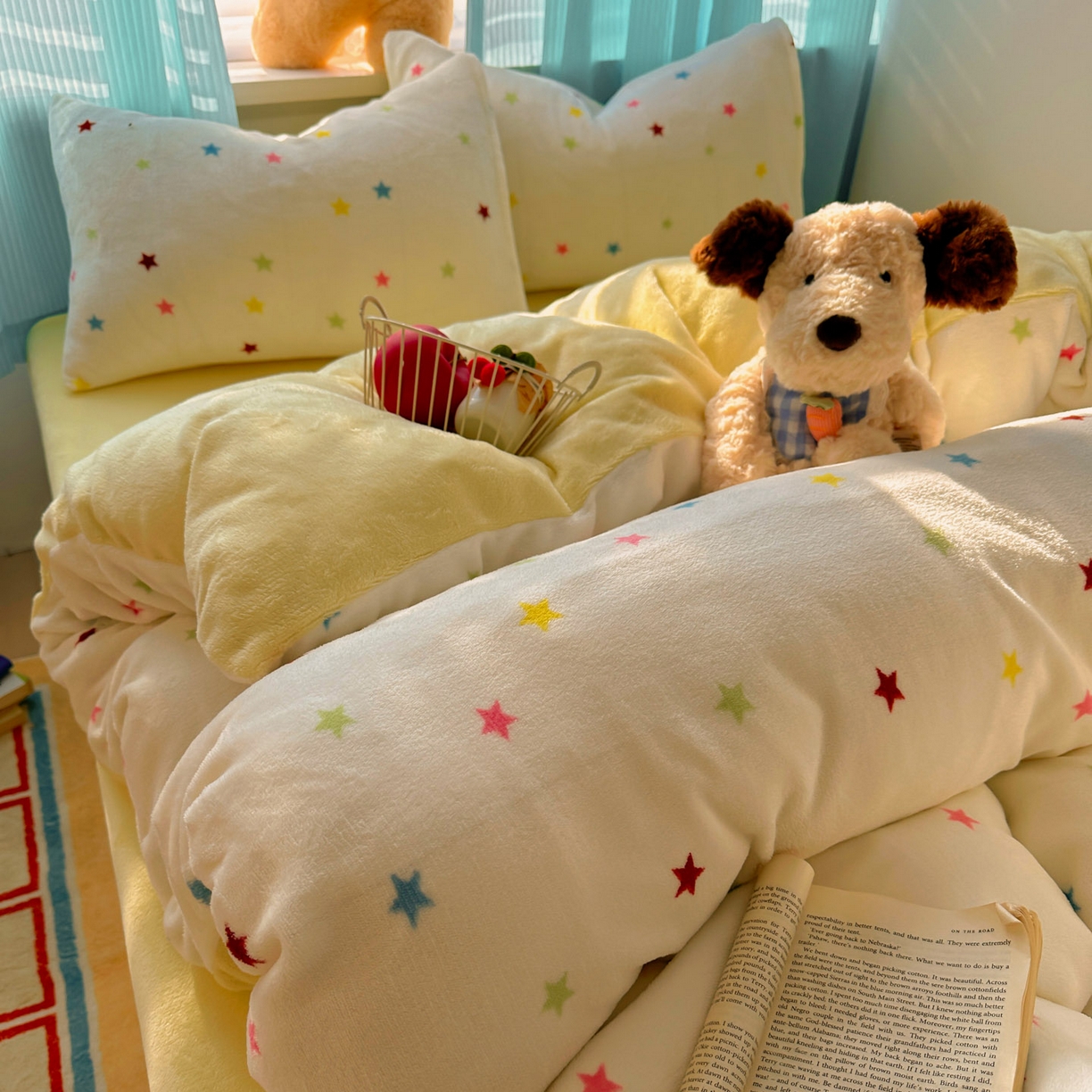 91家纺网 家纺一手货源 找家纺 繁花家居 2025新款小清新180克跑量款牛奶绒三件套四件套 彩色星星