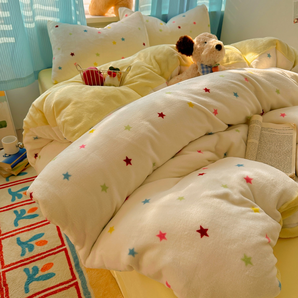 91家纺网 家纺一手货源 找家纺 繁花家居 2025新款小清新180克跑量款牛奶绒三件套四件套 彩色星星