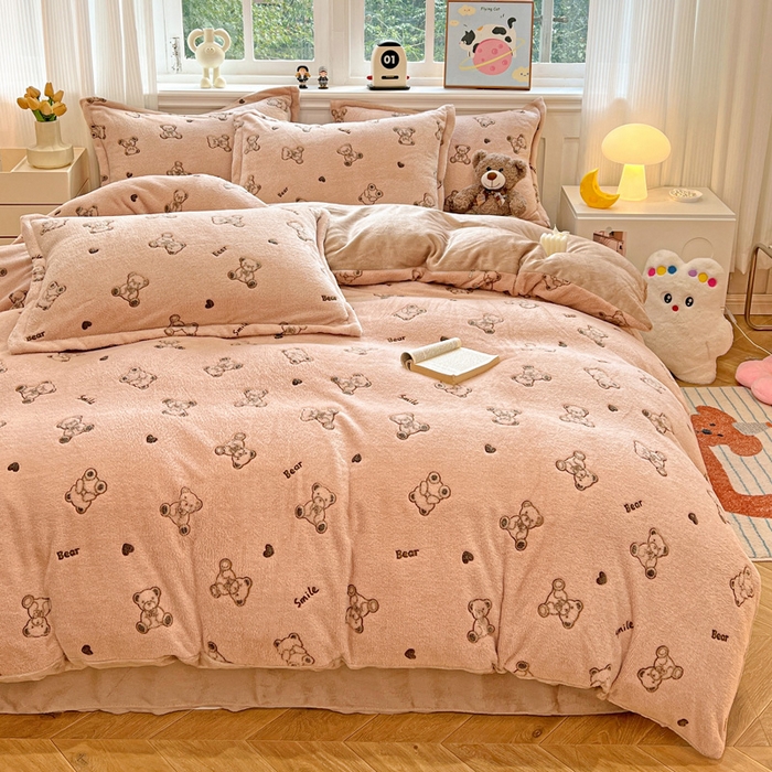 91家纺网 家纺一手货源 找家纺 韩巢家纺 2025新款高克重雪花绒牛奶绒四件套 咖色熊