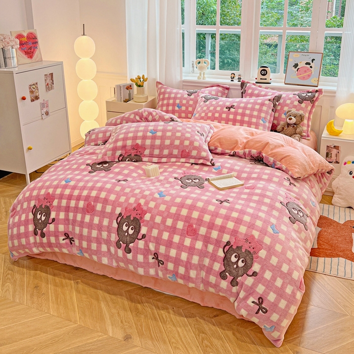 91家纺网 家纺一手货源 找家纺 韩巢家纺 2025新款高克重雪花绒牛奶绒四件套 煤小球（粉）