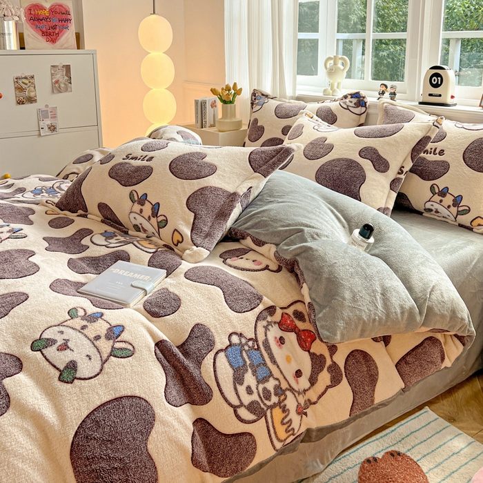 91家纺网 家纺一手货源 找家纺 韩巢家纺 2025新款高克重雪花绒牛奶绒四件套 奶油小猫