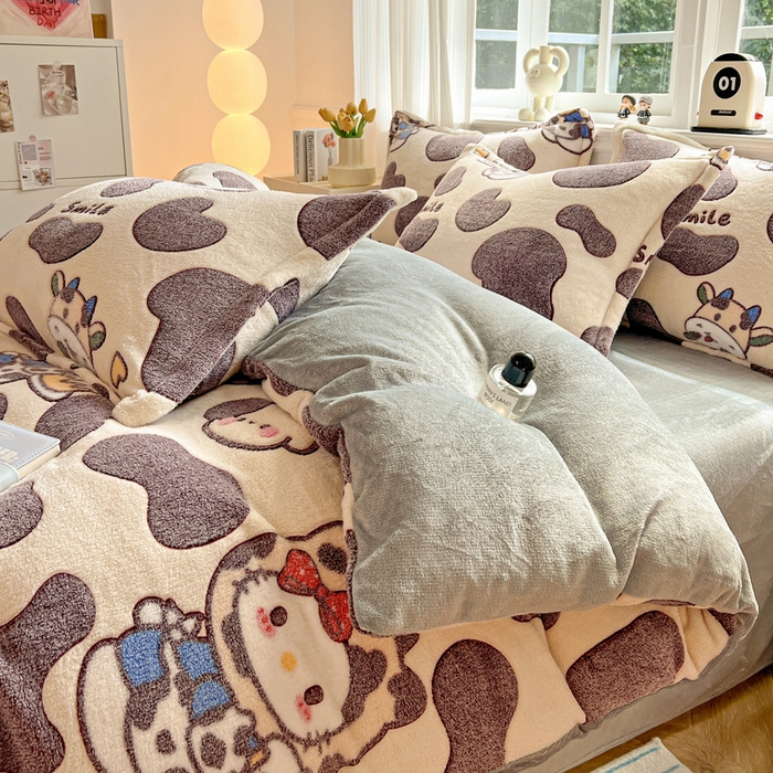 91家纺网 家纺一手货源 找家纺 韩巢家纺 2025新款高克重雪花绒牛奶绒四件套 奶油小猫