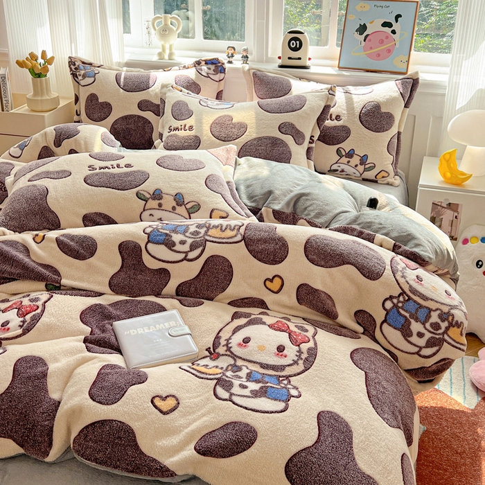 91家纺网 家纺一手货源 找家纺 韩巢家纺 2025新款高克重雪花绒牛奶绒四件套 奶油小猫