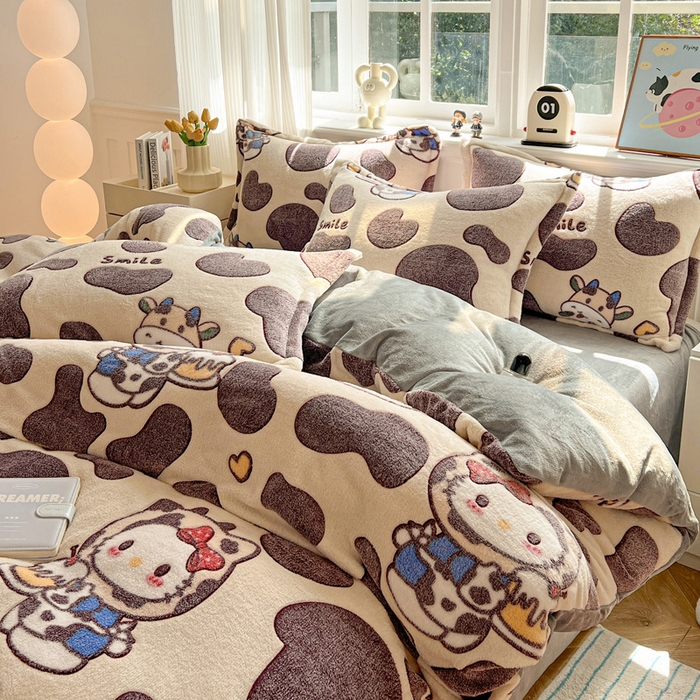 91家纺网 家纺一手货源 找家纺 韩巢家纺 2025新款高克重雪花绒牛奶绒四件套 奶油小猫