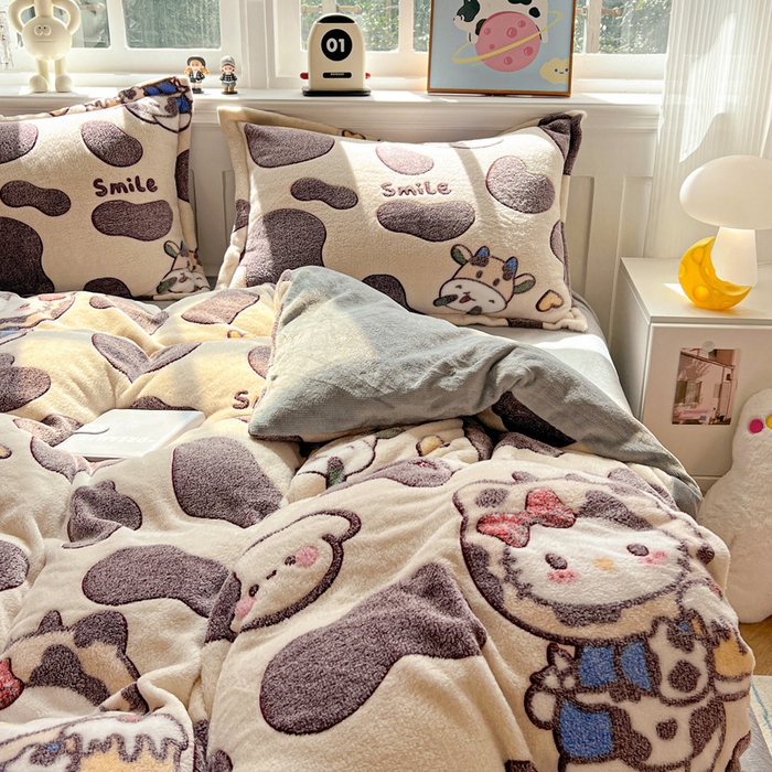 91家纺网 家纺一手货源 找家纺 韩巢家纺 2025新款高克重雪花绒牛奶绒四件套 奶油小猫