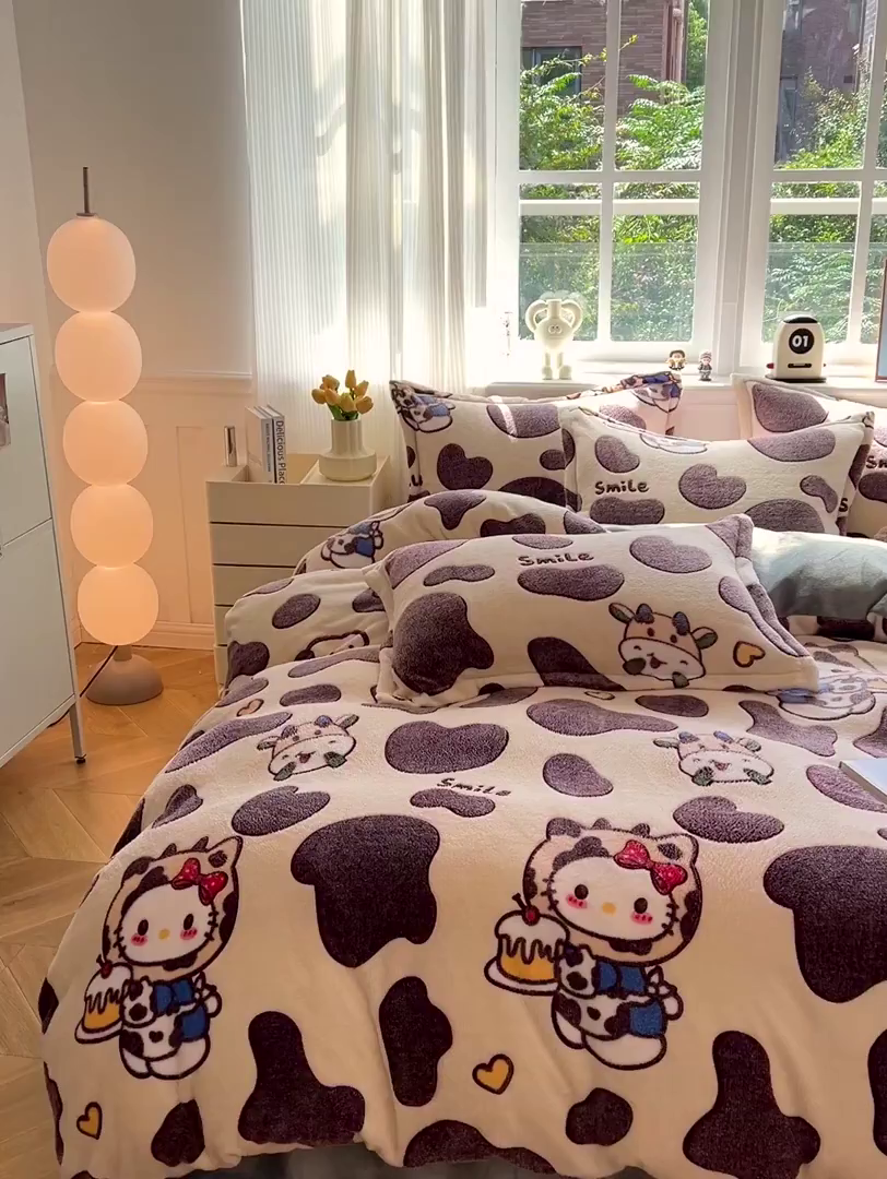 91家纺网 家纺一手货源 找家纺 韩巢家纺 2025新款高克重雪花绒牛奶绒四件套 奶油小猫