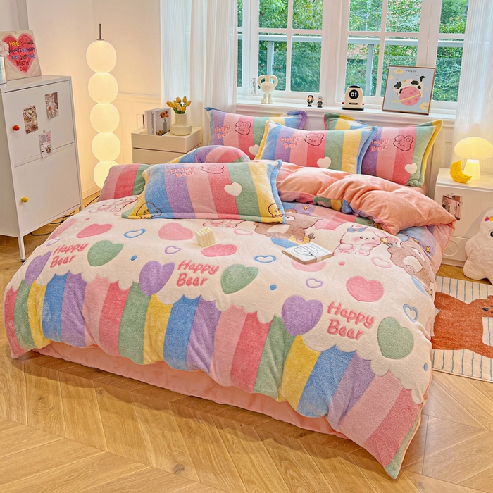 91家纺网 家纺一手货源 找家纺 韩巢家纺 2025新款高克重雪花绒牛奶绒四件套 七彩