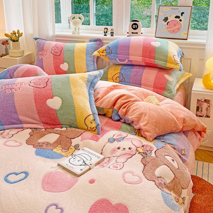 91家纺网 家纺一手货源 找家纺 韩巢家纺 2025新款高克重雪花绒牛奶绒四件套 七彩