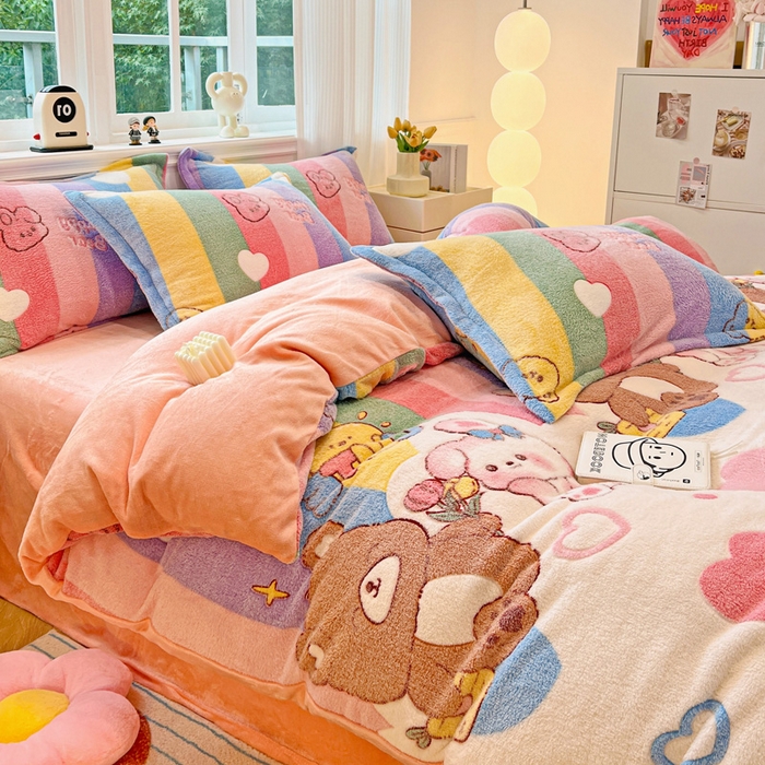 91家纺网 家纺一手货源 找家纺 韩巢家纺 2025新款高克重雪花绒牛奶绒四件套 七彩